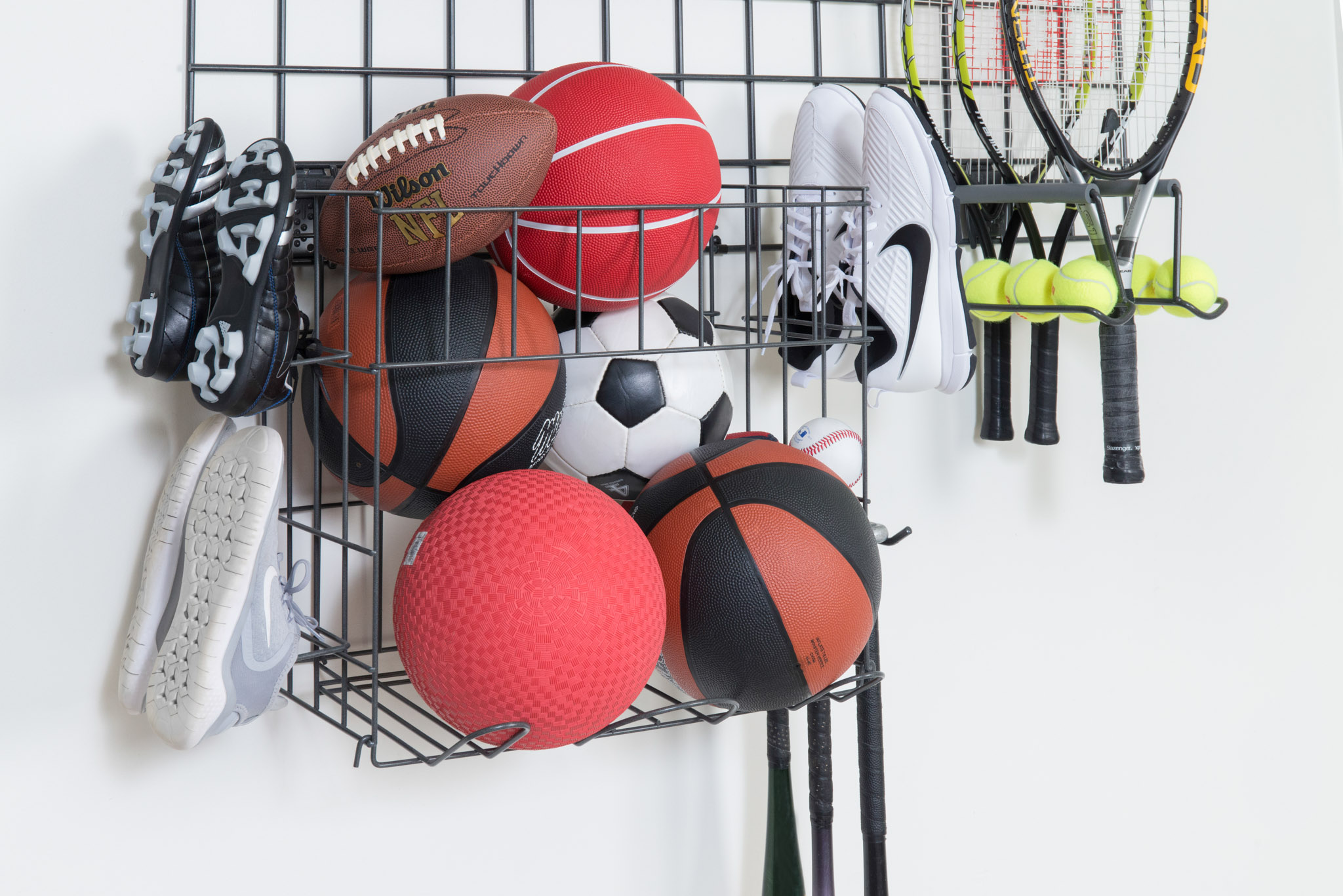 Activity Organizer Sports Grid with various sports balls, tennis shoes, and equipment.