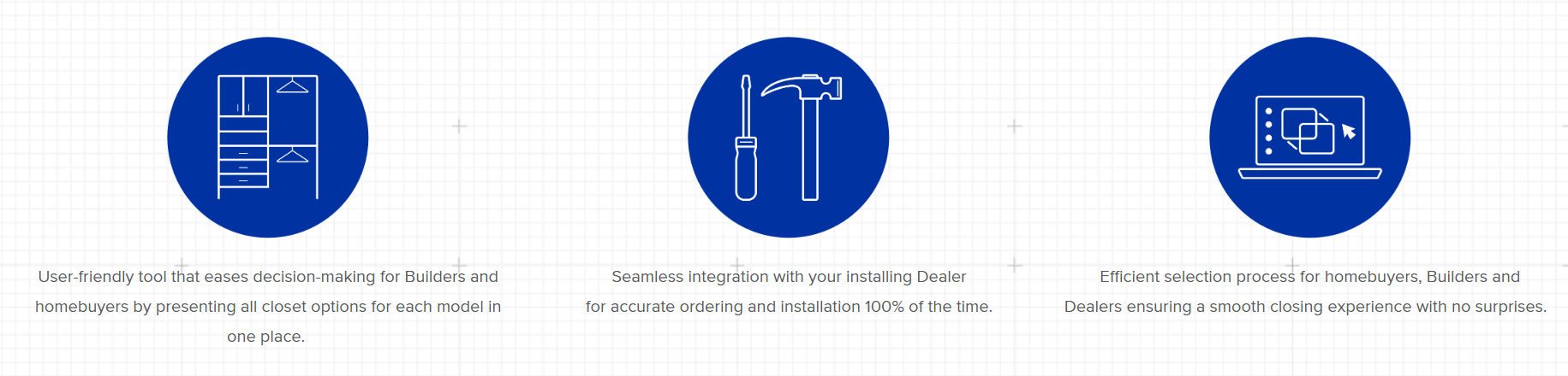 User-friendly tool that eases decision-making by presenting all closet options for each model. Seamless integration with  accurate ordering and installation. Efficient selection process for a smooth closing experience with no surprises.   