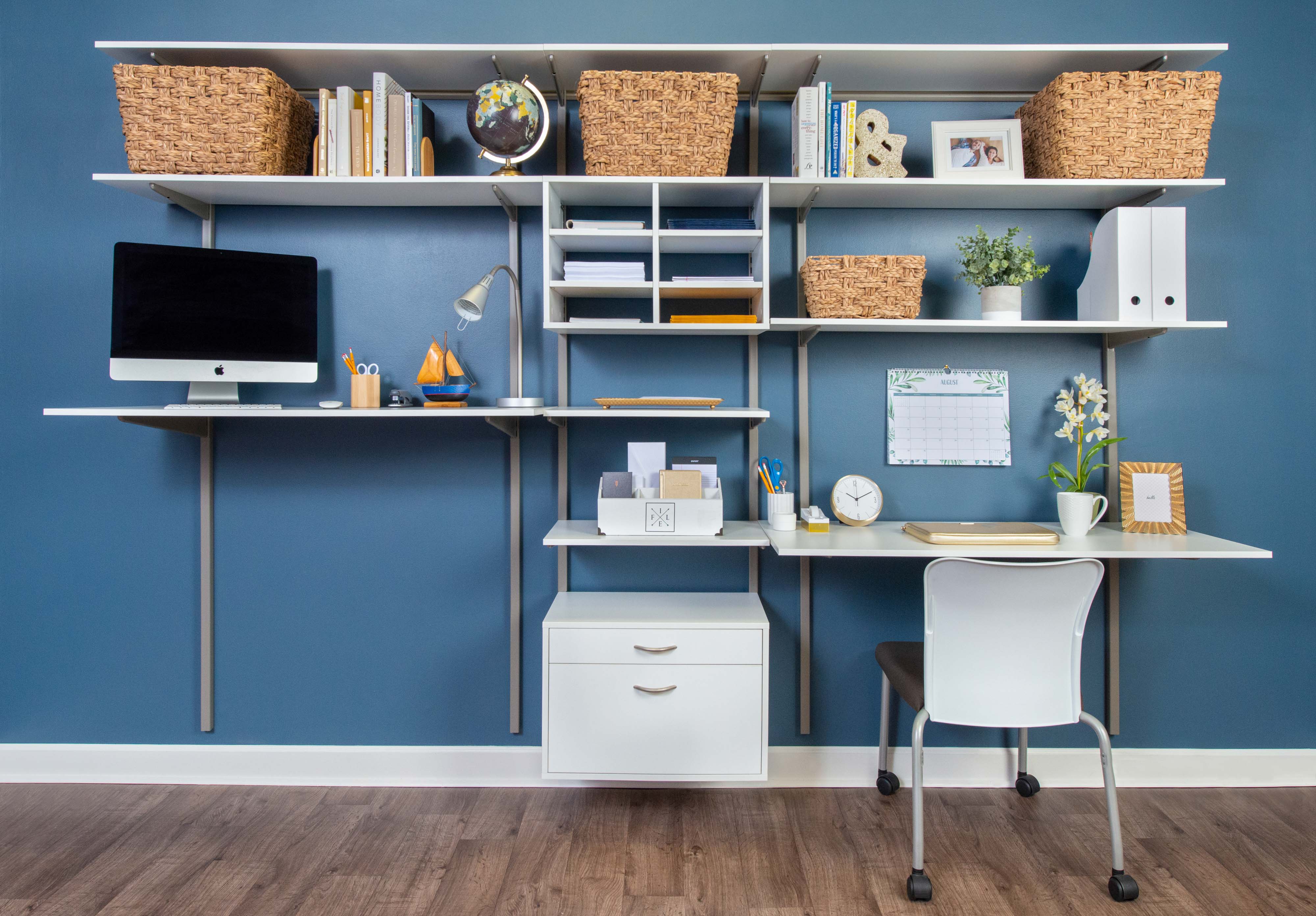 freedomRail Dual Desk Office in White with standing desk, standard desk, and office supply storage.