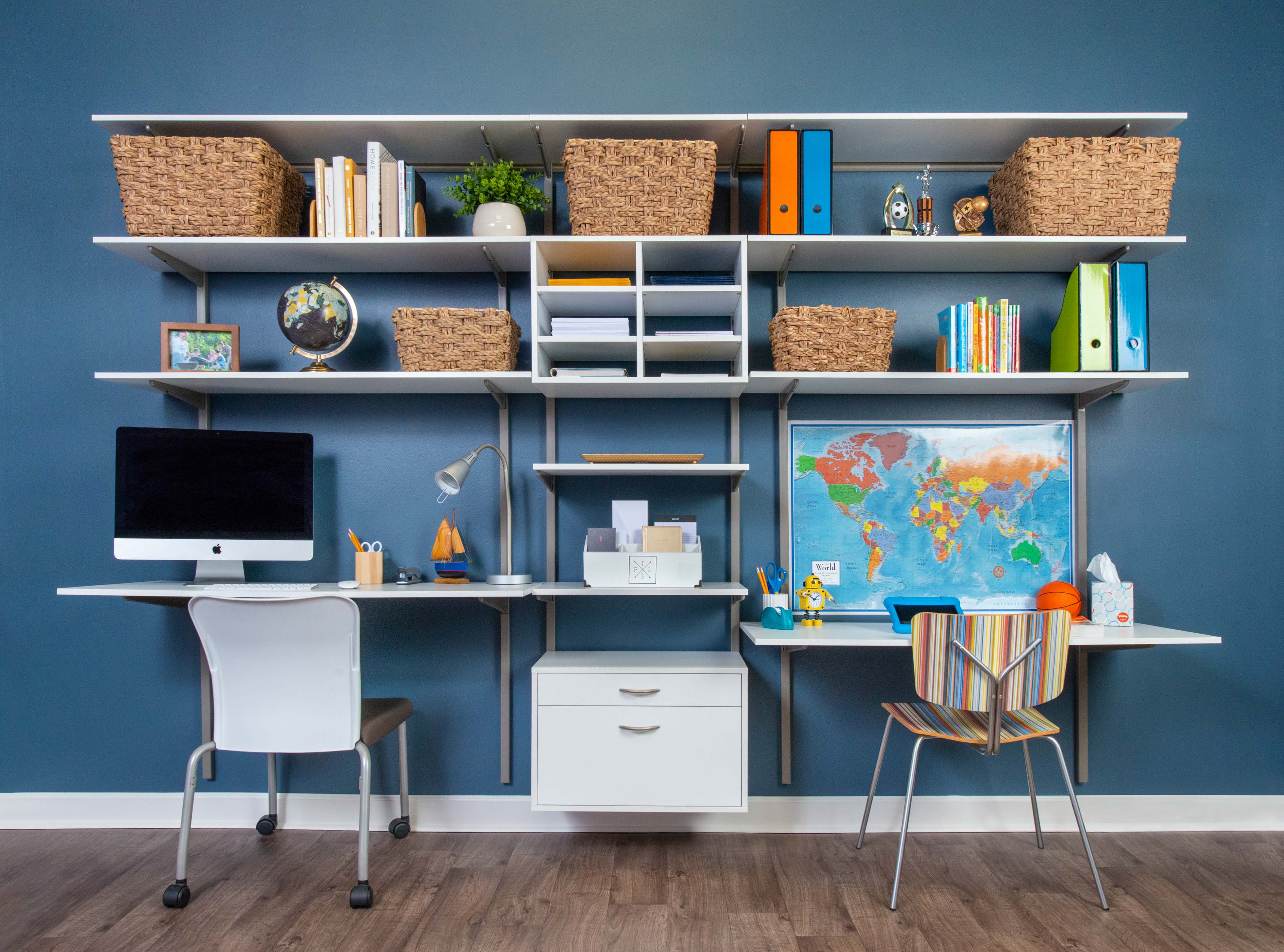 freedomRail White Dual Desk Office with adjustable shelves and adult and kid sides.