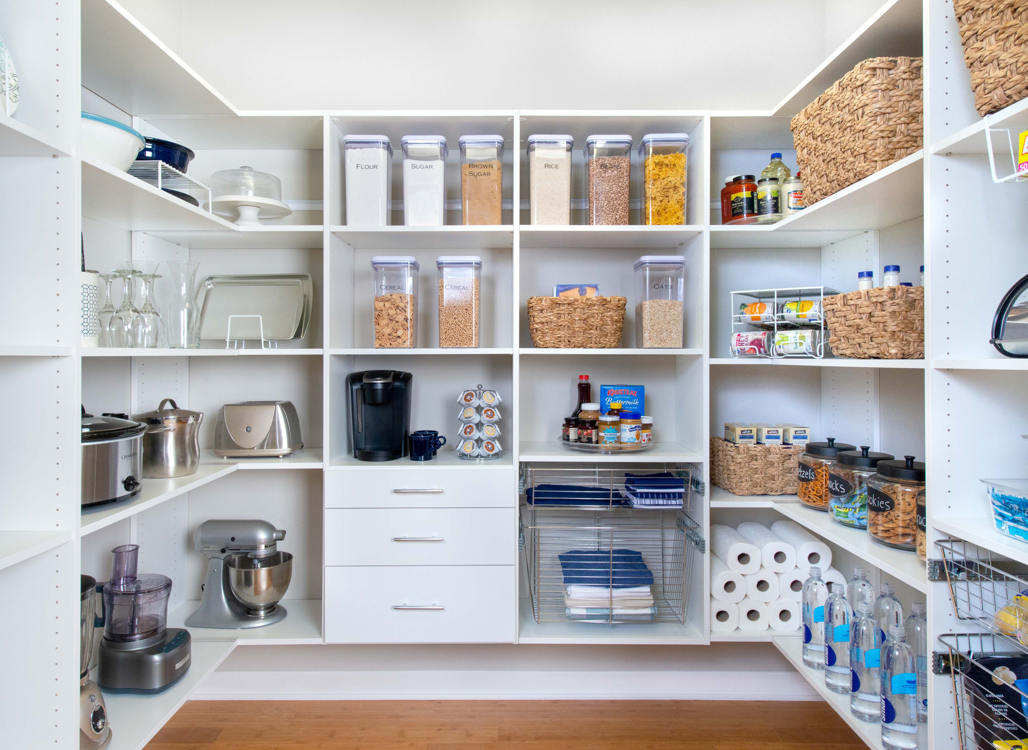 Select White Pantry with baking ingredients and snacks.