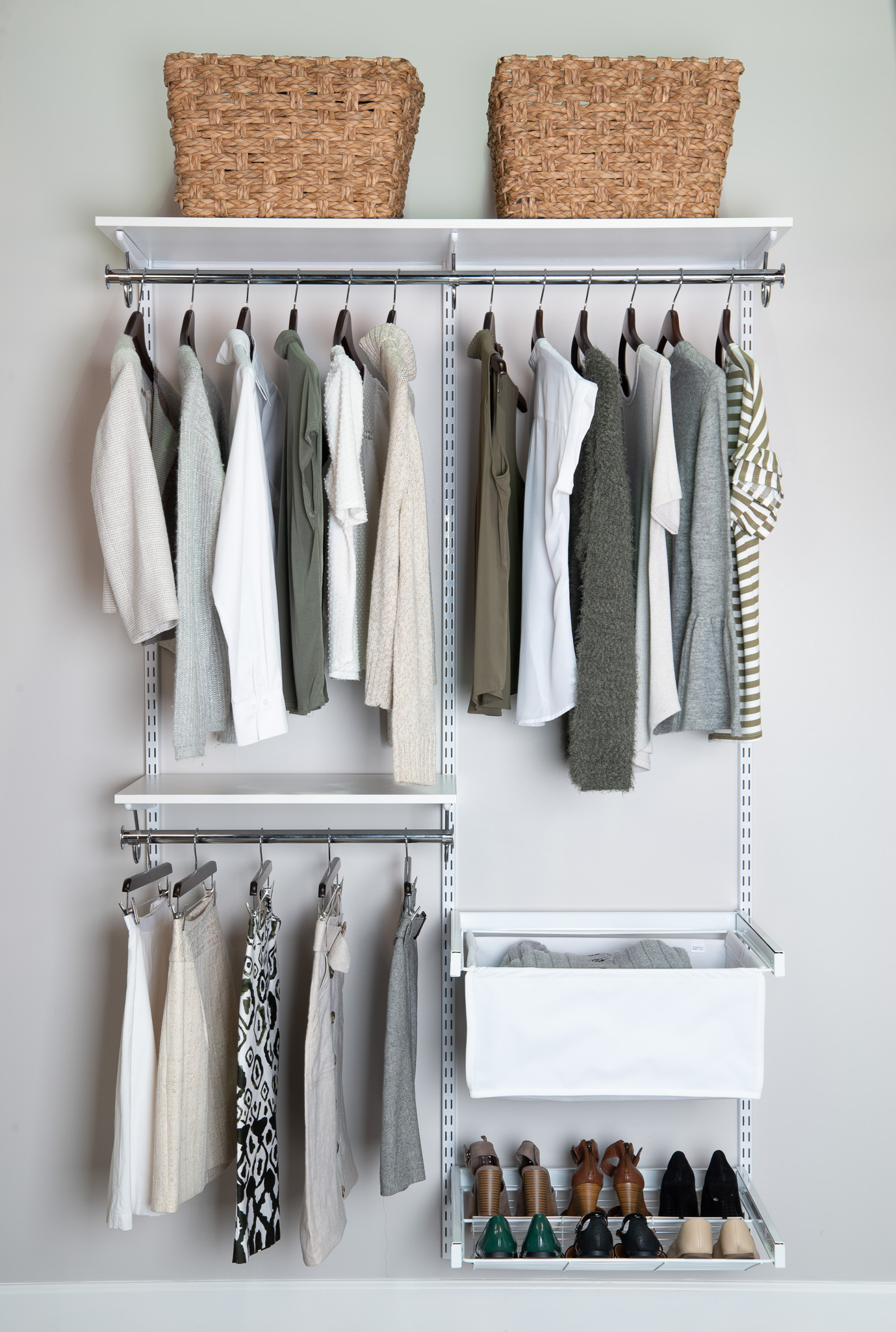 Womens fR Reach-in Front with hanging, shoe storage, and canvas basket.