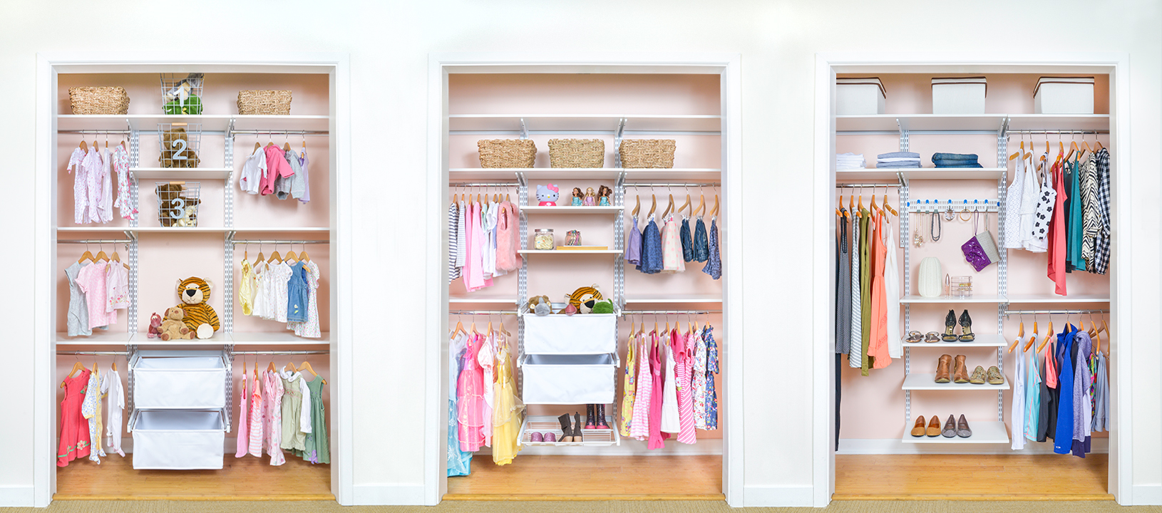 3 Closets in White with 2 girl closets and 1 women closet