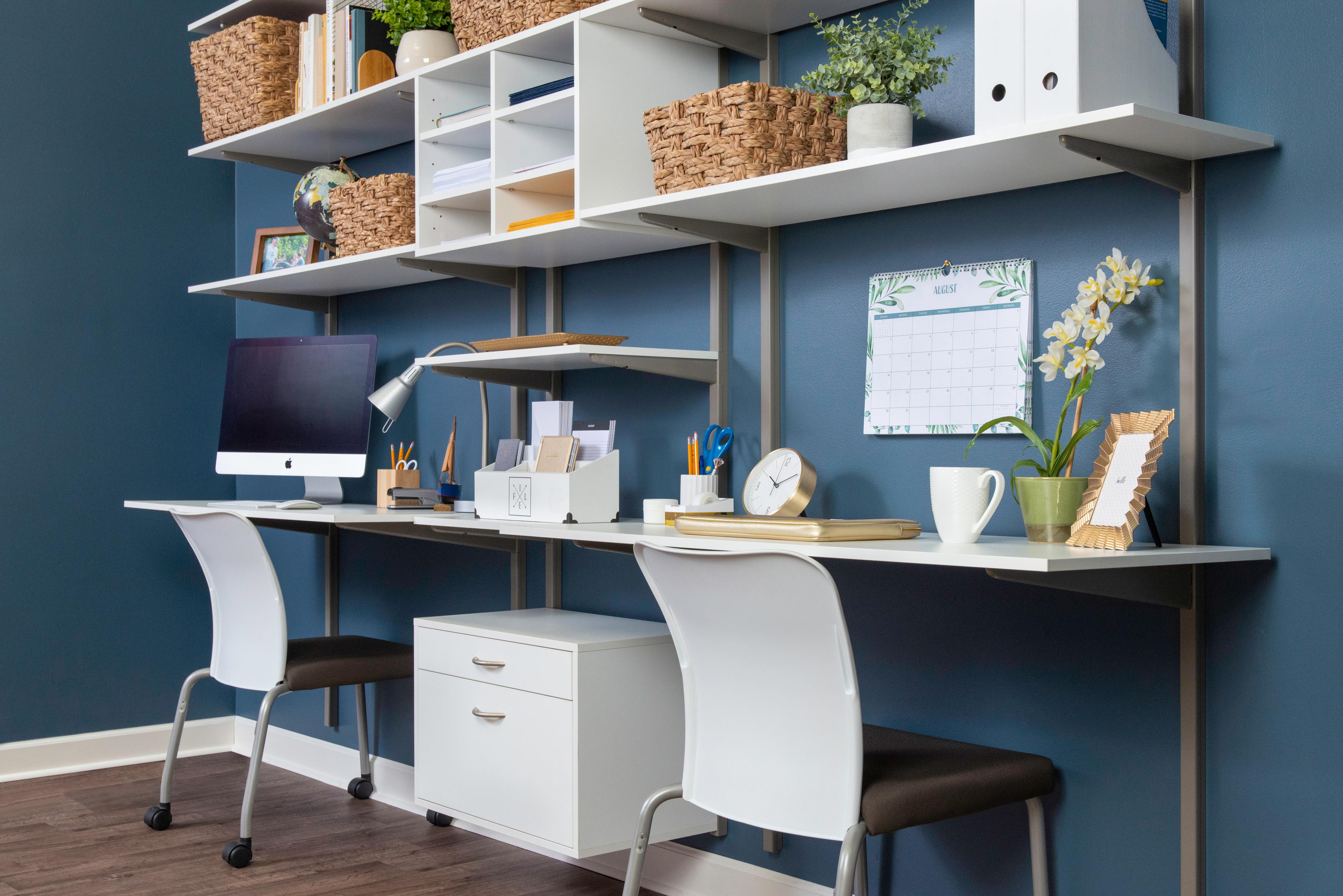 freedomRail White Dual Desk Office with desktop on one side and notebook on other side.