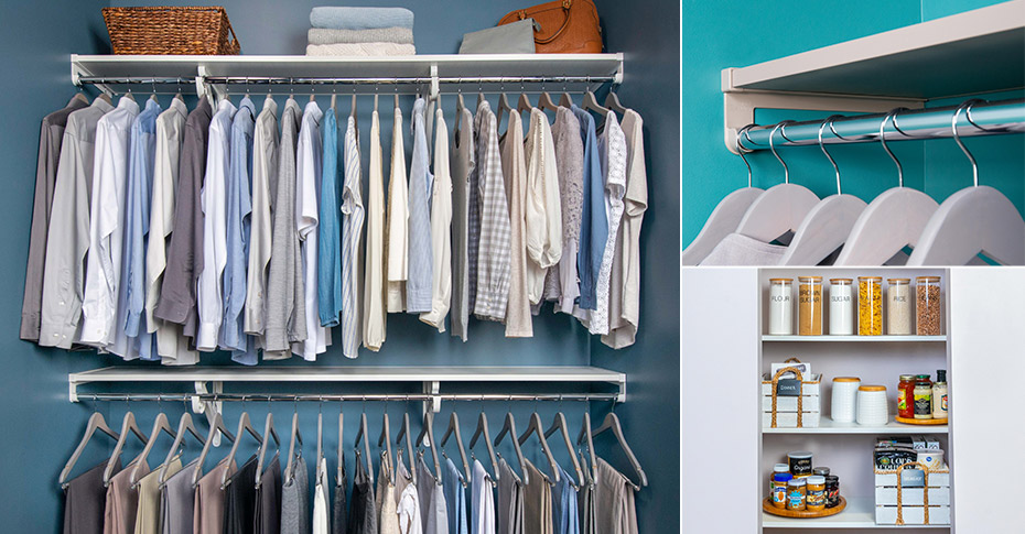 Collage of VUE shelving with clothing and pantry.
