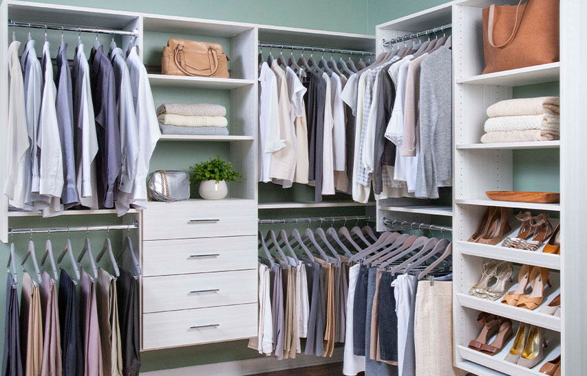 Select Built-in Closet in Snowdrift Live with men and women clothing, accessories, shoes, and green background.