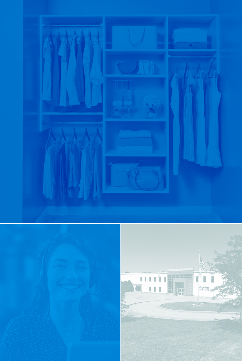 Collage of three images, one building, one female, one Select closet.