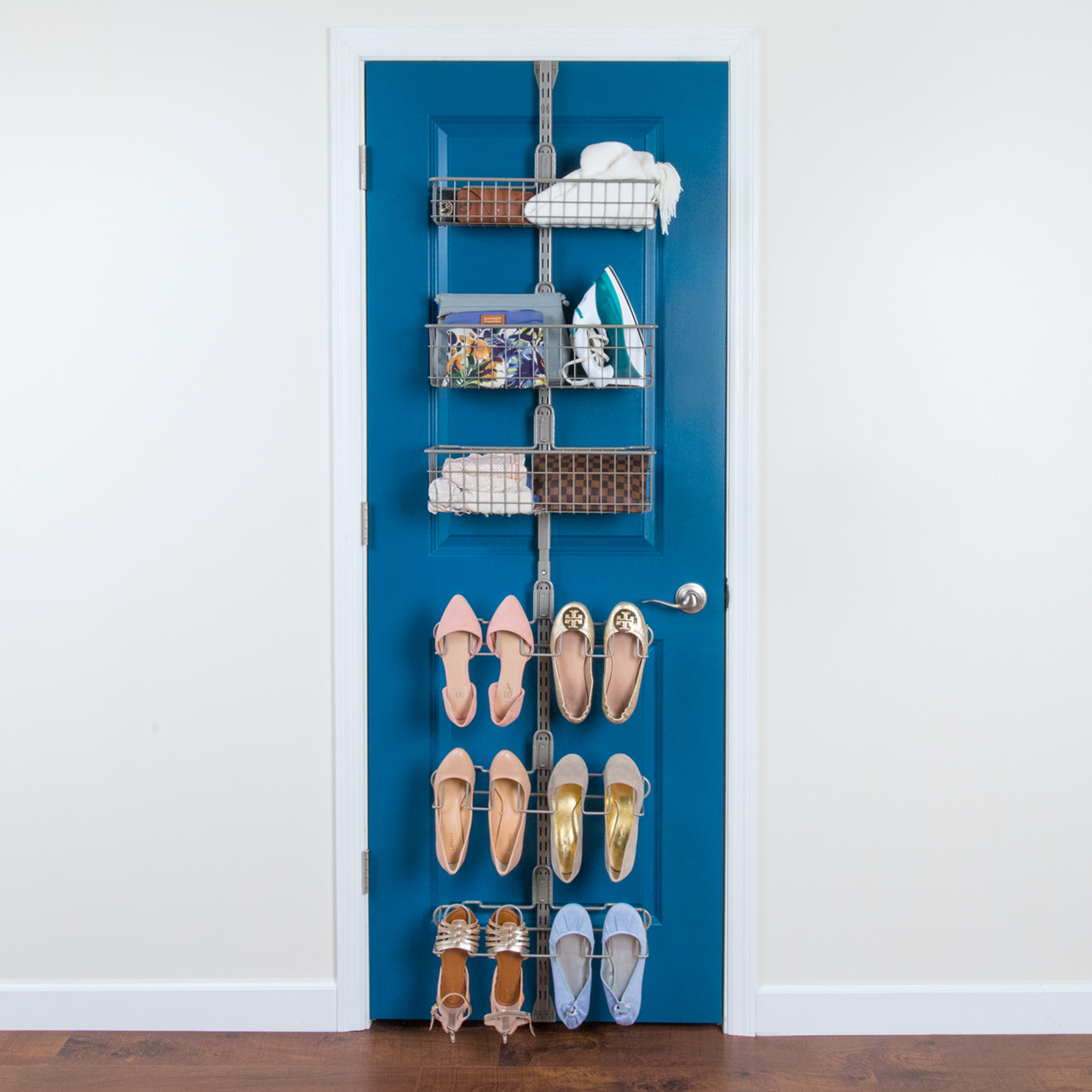 Bedroom-Ultimate-nickel Over the Door Closet Kit in Nickel with shoes and accessories.