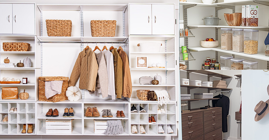 College of three freedomRail adjustable closets. One the left is a white mudroom closet with fall decor. The image in the top right is a white adjustable pantry closet and the bottom is a driftwood live hospitality closet.