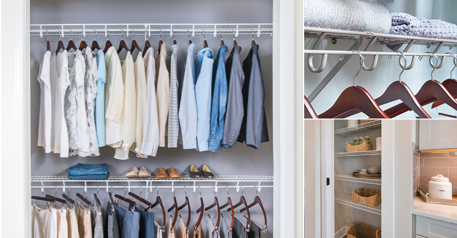 College of three closets in our Ventilated product lines. The left and bottom-right image are both white ventilate wire closets. The left image is a reach-in bedroom wire closet and the bottom-right is a reach-in linen wire closet. The top right is a nickel ventilated wire closet propped with towels and dark wood hangers.