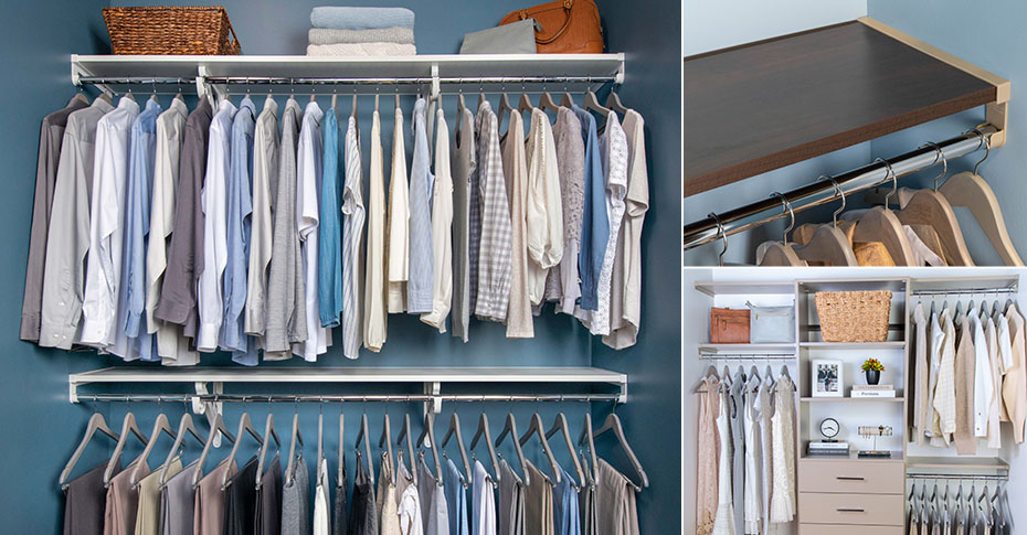 College of three closets in the VUE product line by Organized Living. The closet on the lefthand side is a white VUE closet propped with male clothing. The closet sits on blue walls. The top right image is a close up of the end of a VUE wood shelf in the color driftwood Live and you can see some hangers hanging from the chrome rod. The bottom righthand image is a century gray closet with a built-in closet shelving look. This is propped with nuetral female clothing.