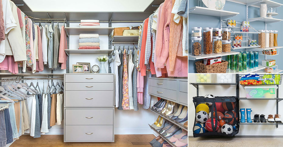 Collage of freedomRail in Century Gray, White, and Granite Gray. Includes walk-in closet, pantry, and garage.