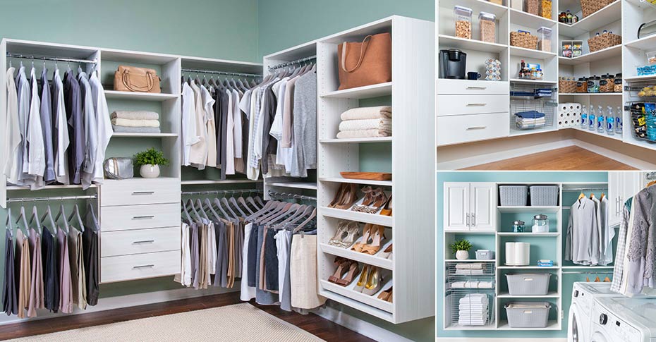 Collage of Select in Century Gray, White, and Granite Gray. Includes walk-in closet, pantry, and garage.