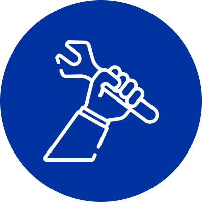 Hand holding a wrench in a white outline. This icon is on top of a blue circle. 