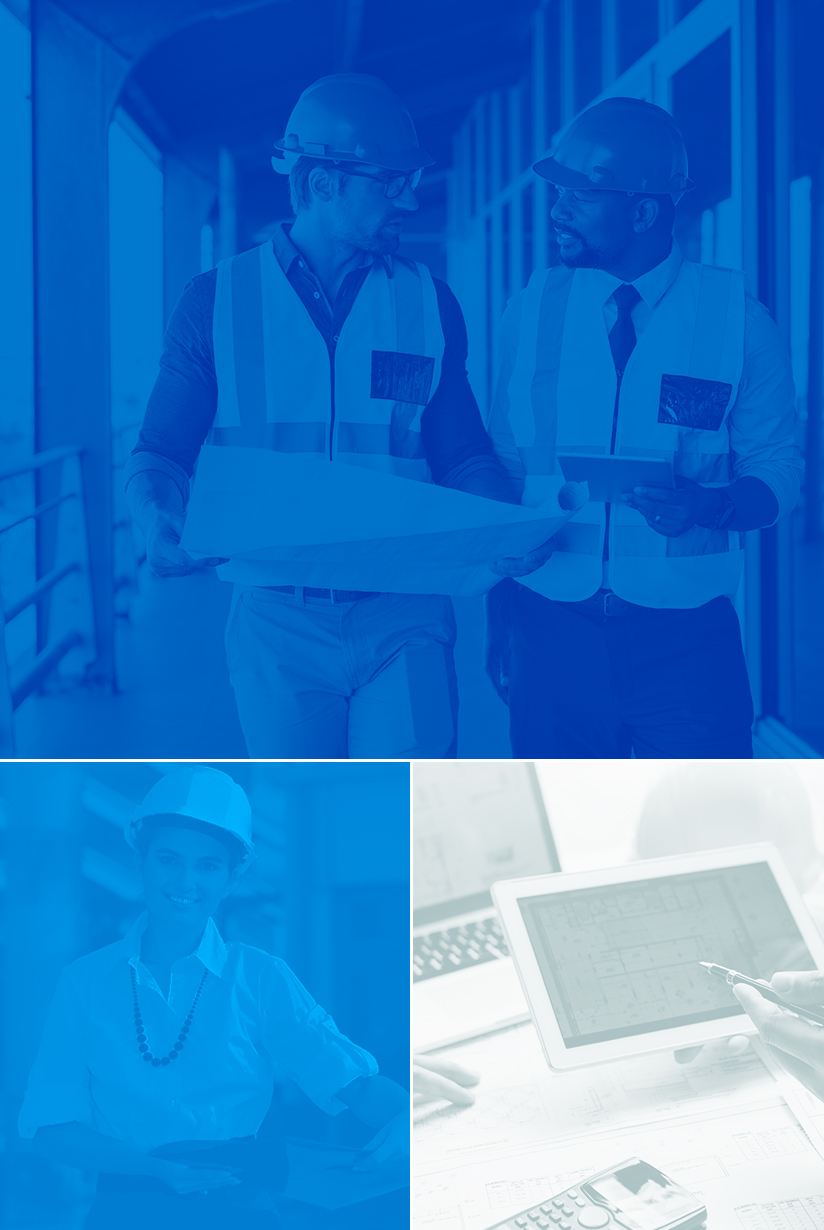 Collage of three images, two general contractors one laptop