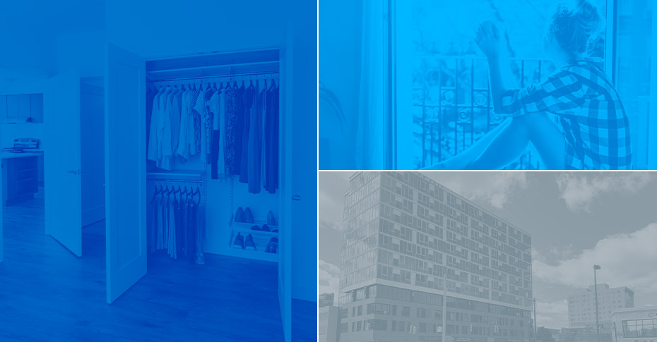 Apartments Banner Collage of building, closet, and woman.