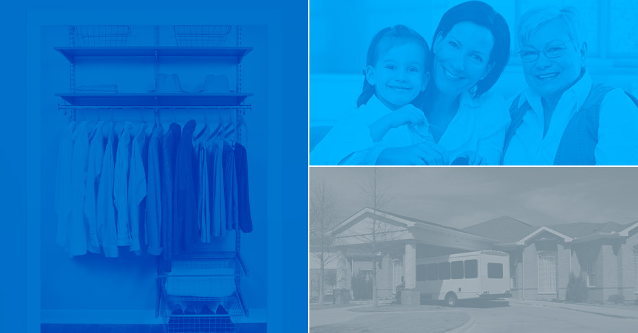 Senior Living Banner Collage of 3 females, closet, and building.