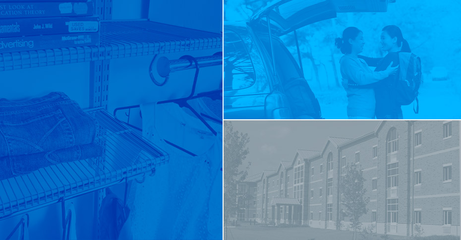 Student Housing Banner Collage of shelfs, car and building.