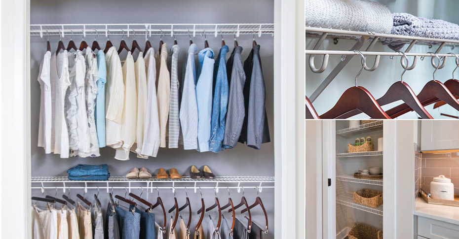Collage of wire shelving with clothes and towels.