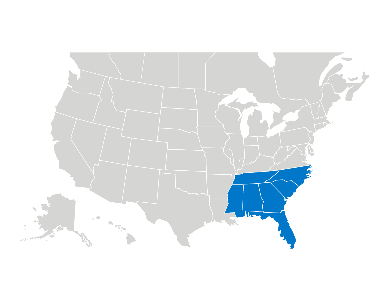 Organized Living Southeast Sales Team map. The region is highlighted in blue, and the rest of the map is gray.